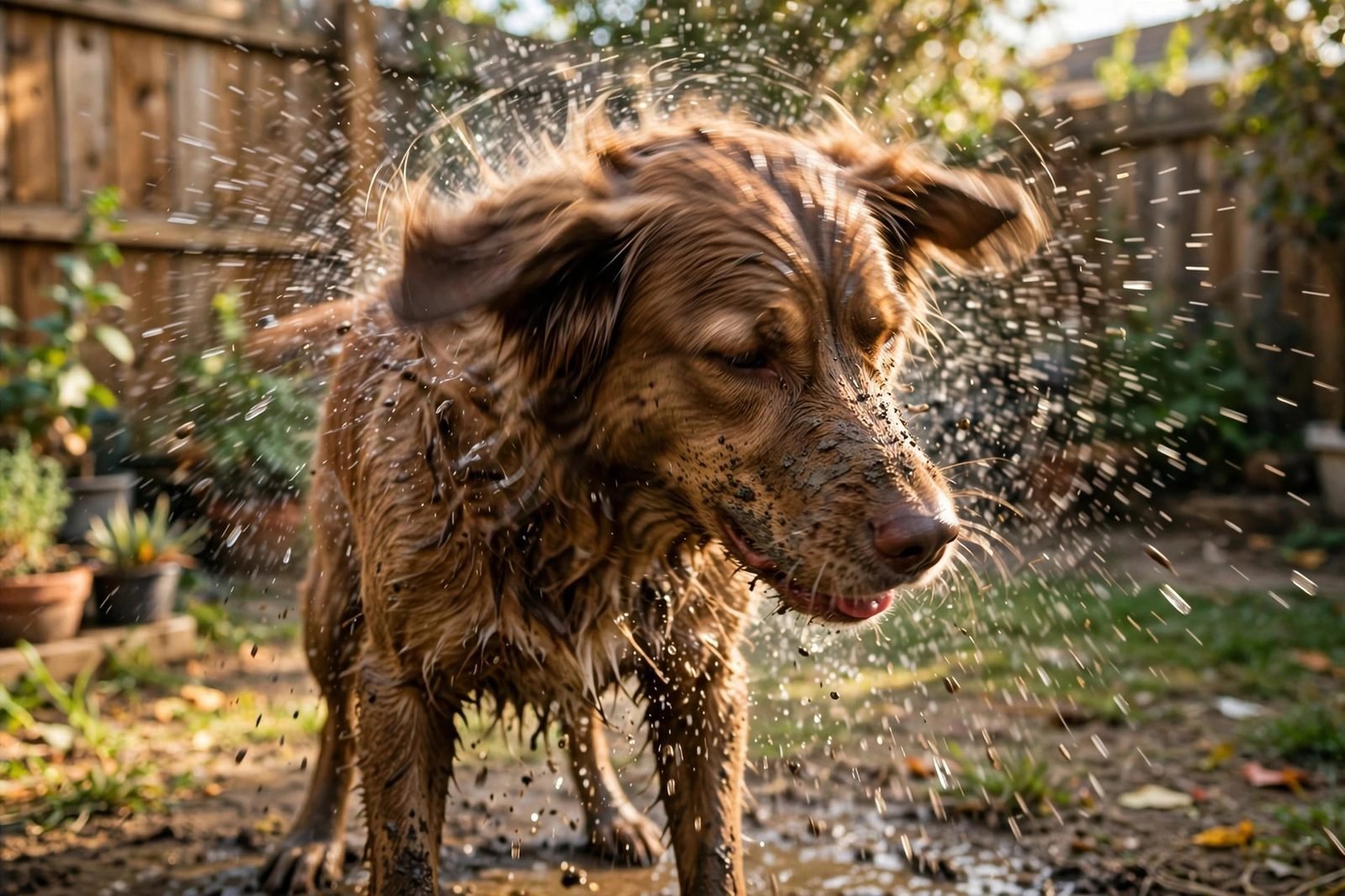 Muddy brown dog shaking off water droplets in a sunny backyard