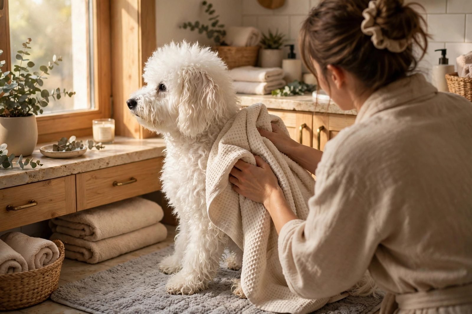 Fluffy white dog being towel-dried by its owner in a cozy bathroom