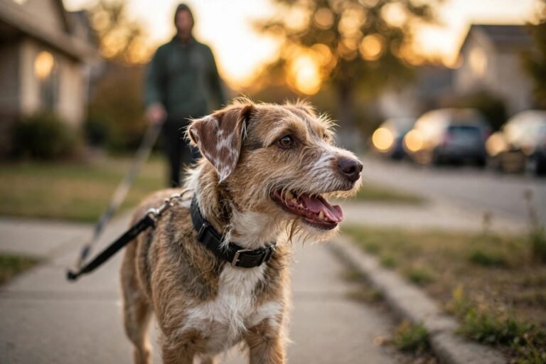 Happy mixed-breed dog on a leash walking on a suburban sidewalk at golden hour