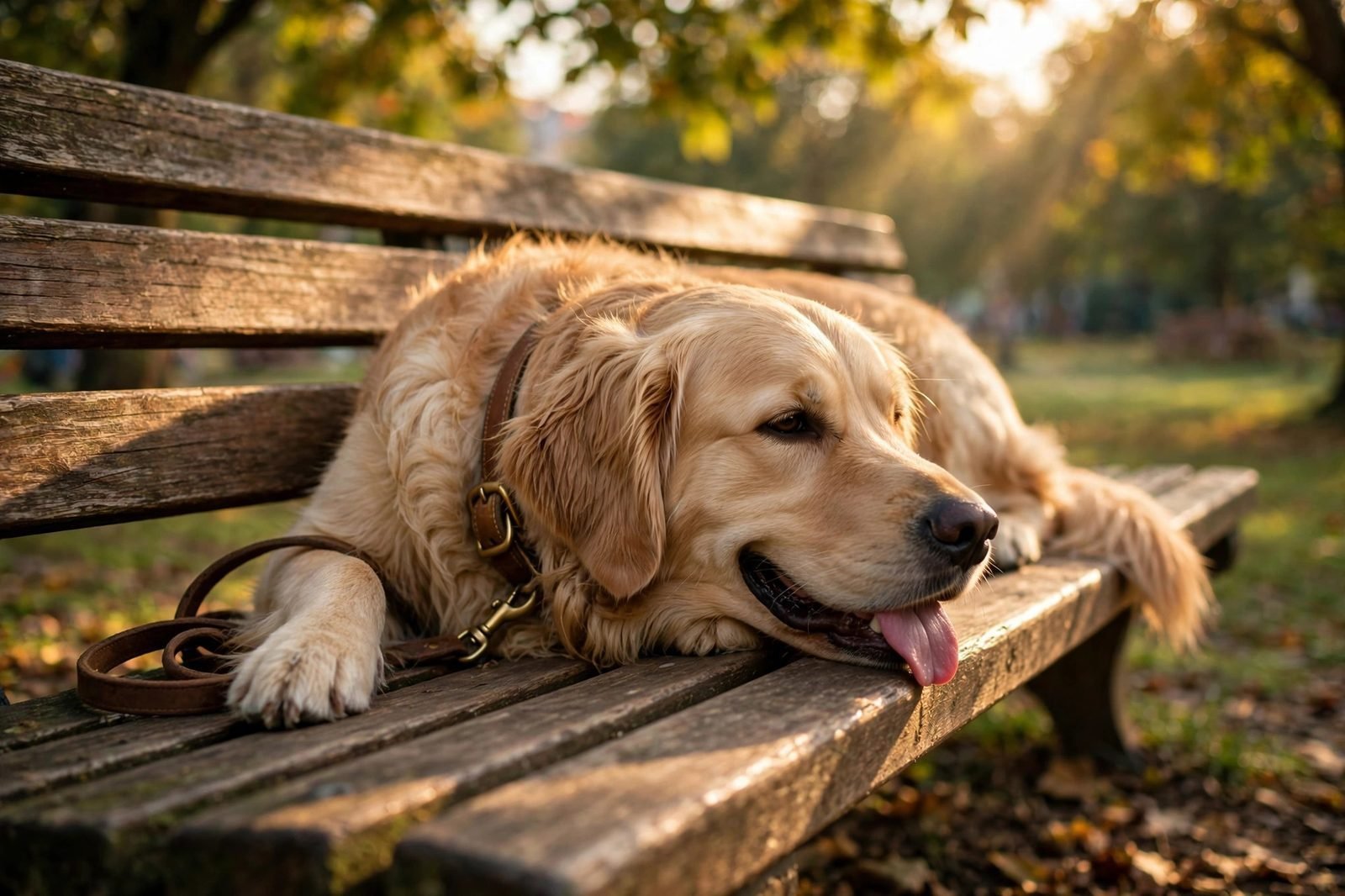 Tired but content golden retriever resting on a park bench after a walk, tongue out