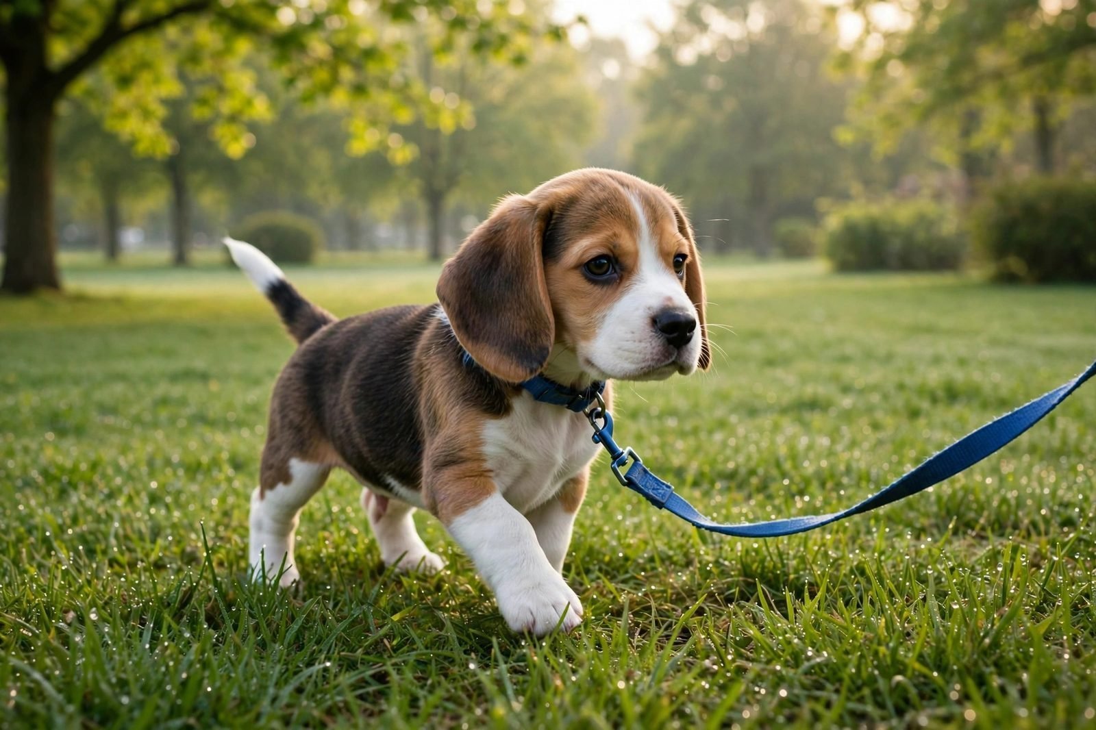 Small beagle puppy walking on a leash through a green park in morning light