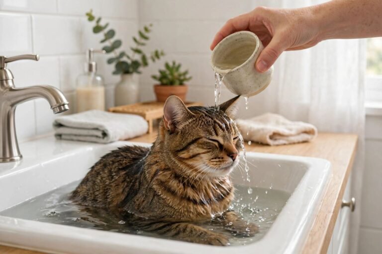 Calm tabby cat being gently bathed in a bathroom sink, owner pouring lukewarm water from a cup