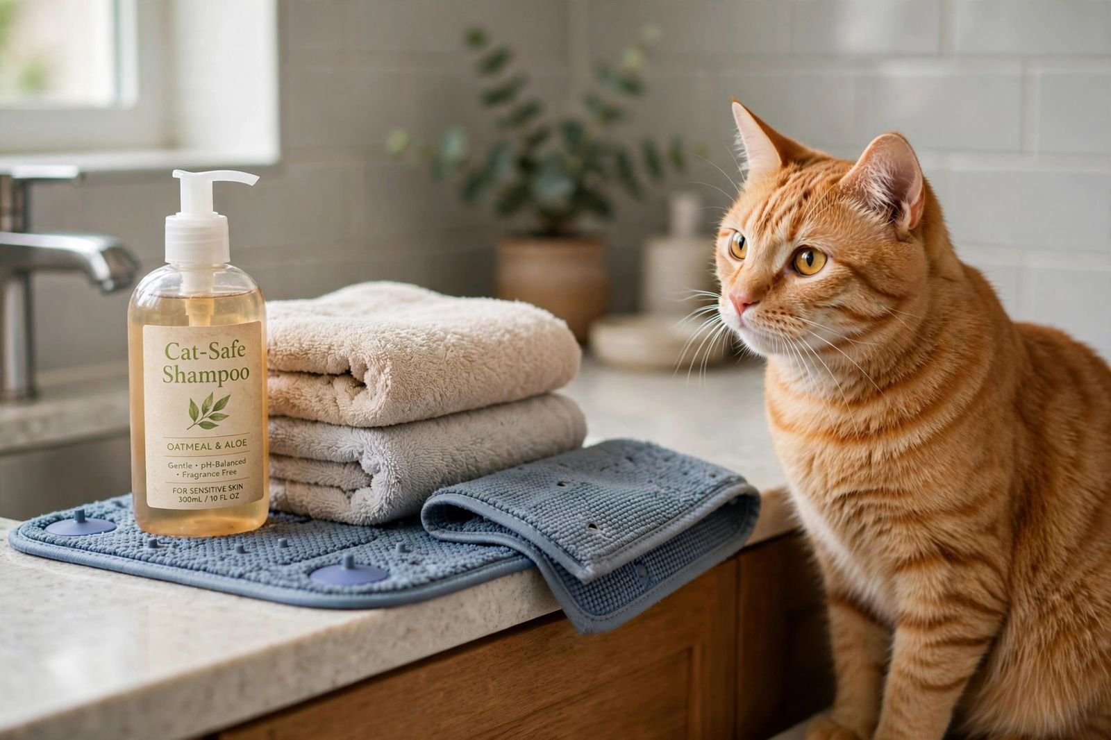 Cat bathing supplies on a bathroom counter - cat-safe shampoo, soft towels and a rubber mat - with an orange cat watching