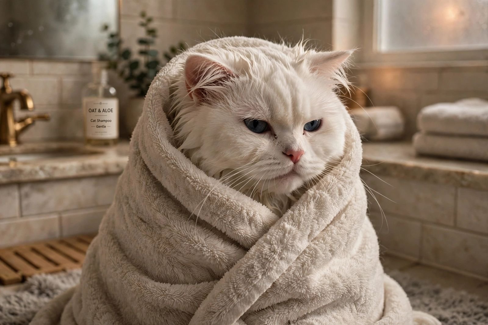 Fluffy white cat wrapped in a soft towel after its bath, looking slightly grumpy, in cozy bathroom light