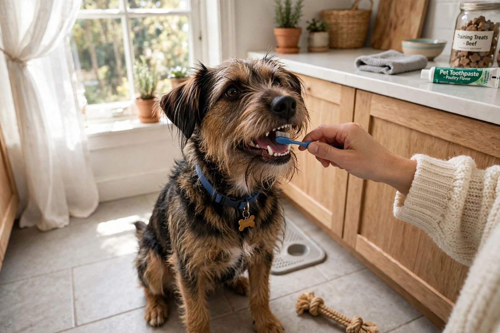 Happy terrier mix having its teeth brushed by its owner with a small dog toothbrush in bright window light