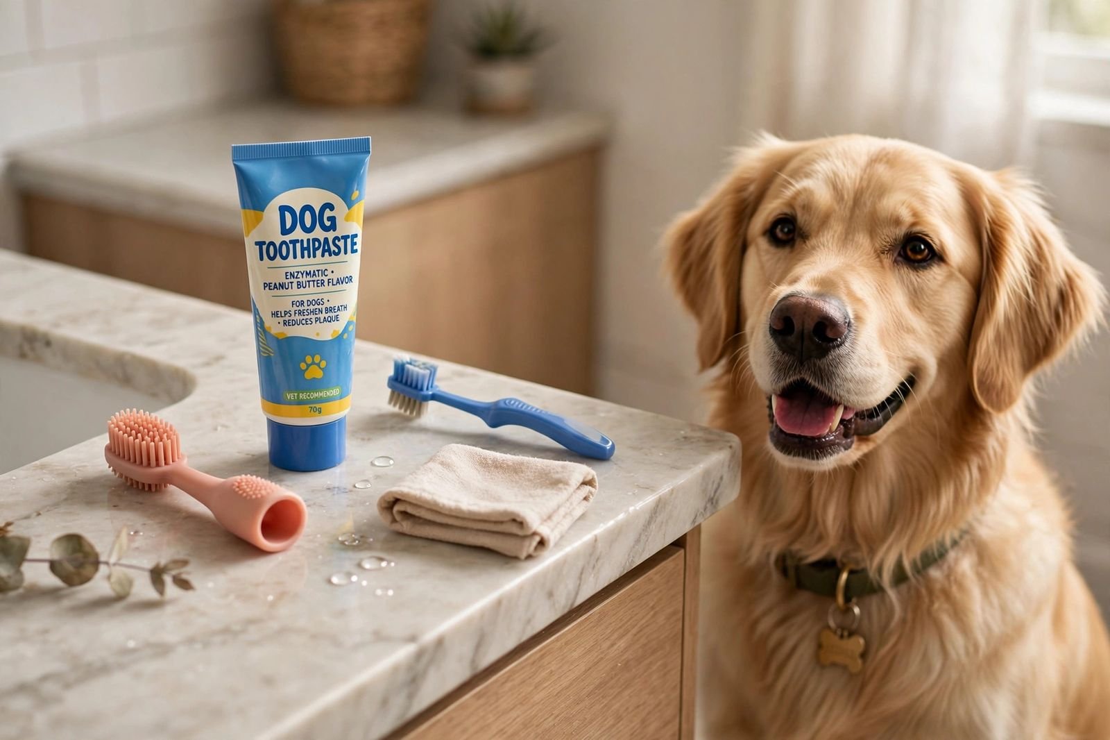Finger toothbrush, dog toothpaste tube and angled dog toothbrush on a bathroom counter with a golden retriever waiting nearby