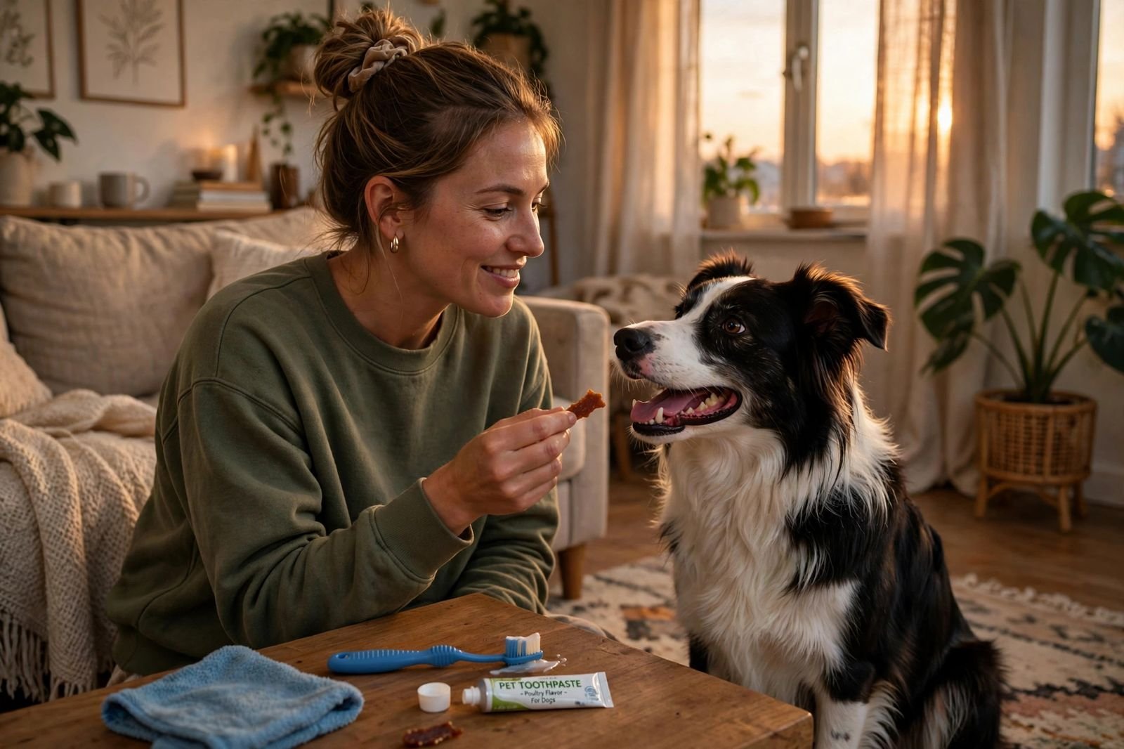 Owner giving a treat to a smiling border collie after a tooth-brushing session in a cozy living room