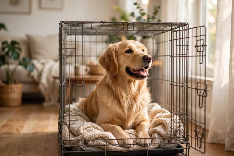 Happy golden retriever sitting comfortably inside a wire crate in a bright living room