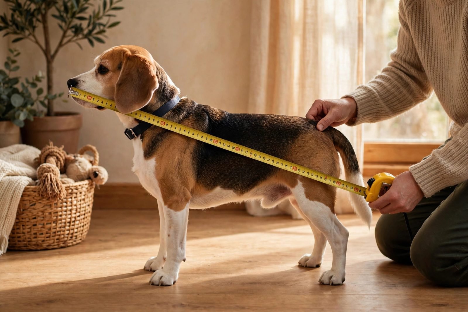 Person measuring a standing beagle with a yellow tape measure on a wooden floor