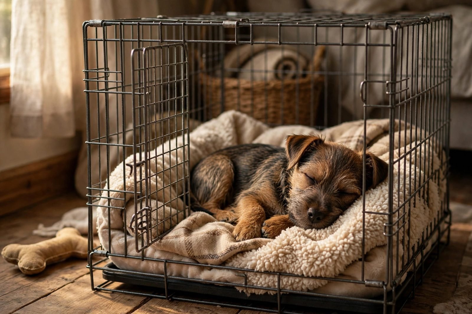 Terrier puppy sleeping peacefully in a snug crate with divider panel and soft bedding