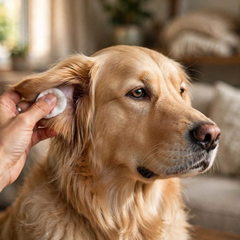 Golden retriever sitting calmly while owner gently lifts its ear flap for cleaning