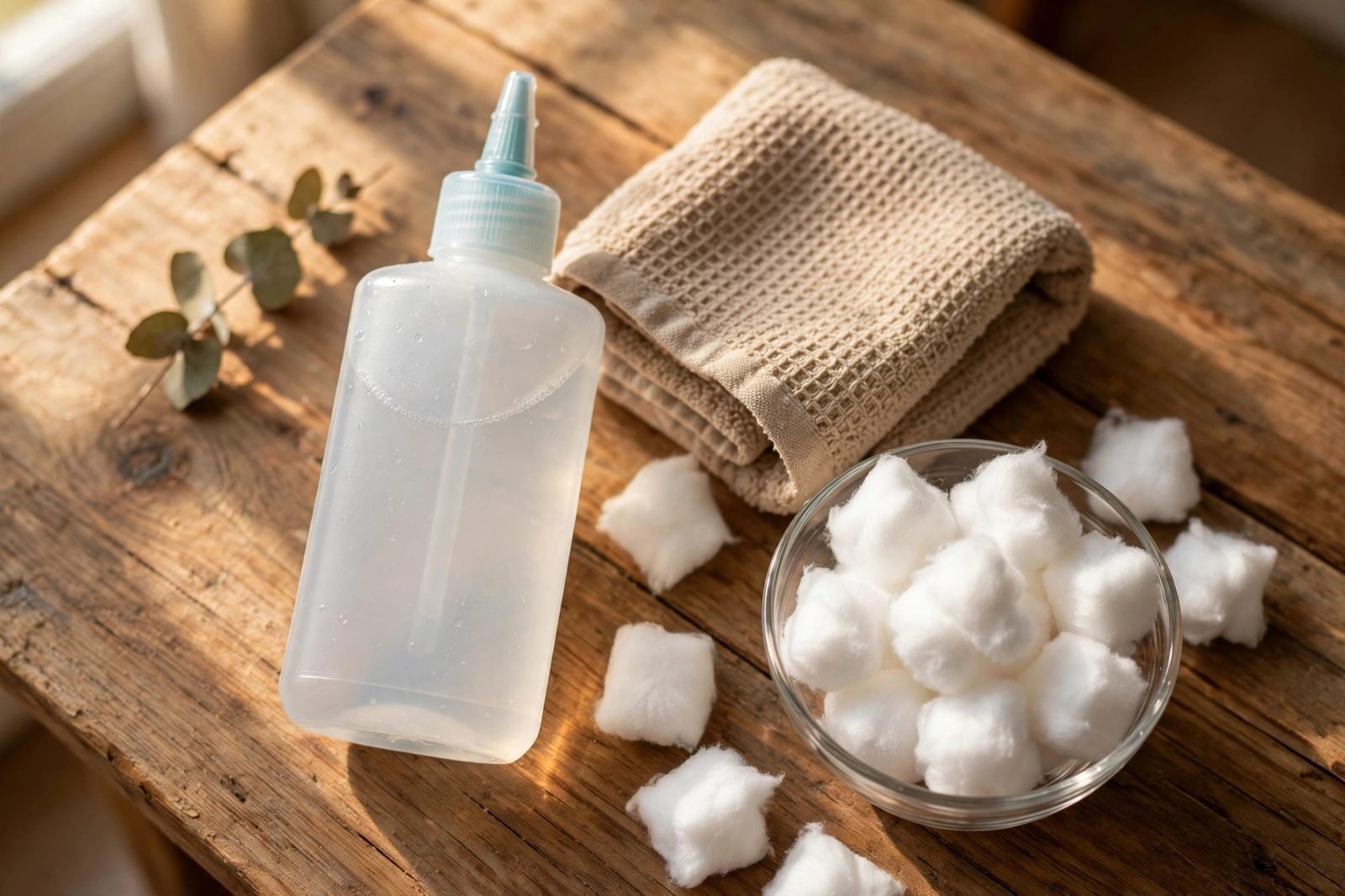 Dog ear cleaning supplies arranged on a wooden table with cleaner bottle and cotton balls