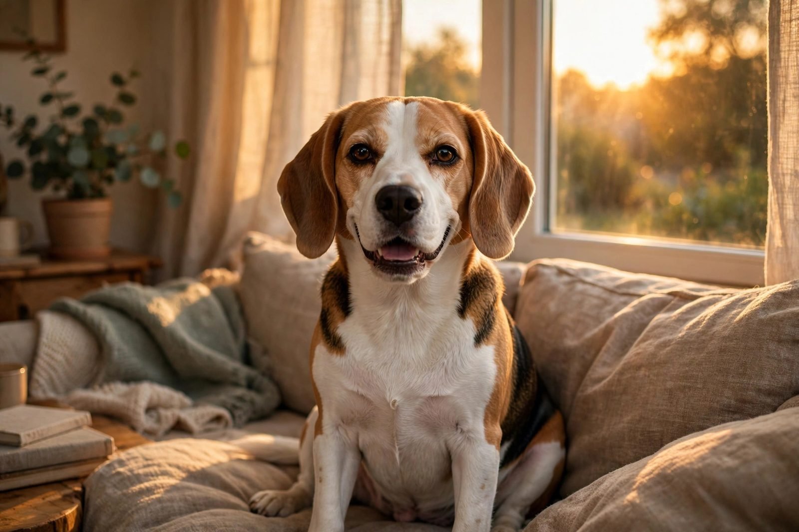 Happy beagle with clean ears sitting on a couch looking relaxed at the camera
