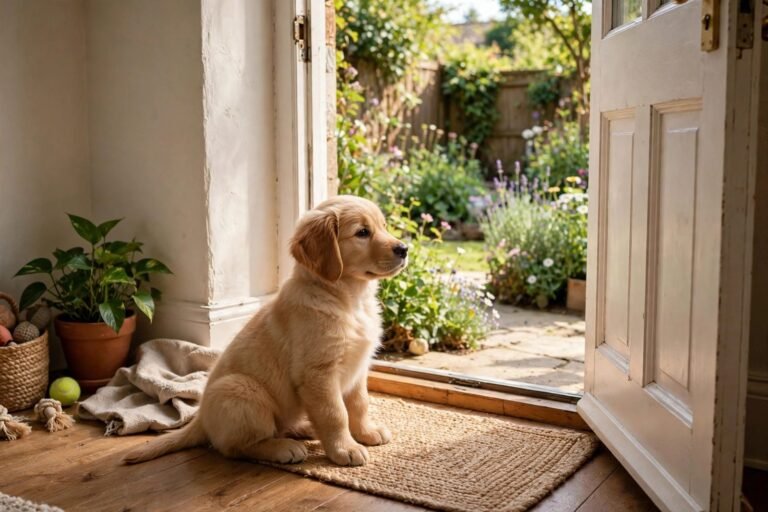 Golden retriever puppy sitting by an open back door looking out at a sunny garden