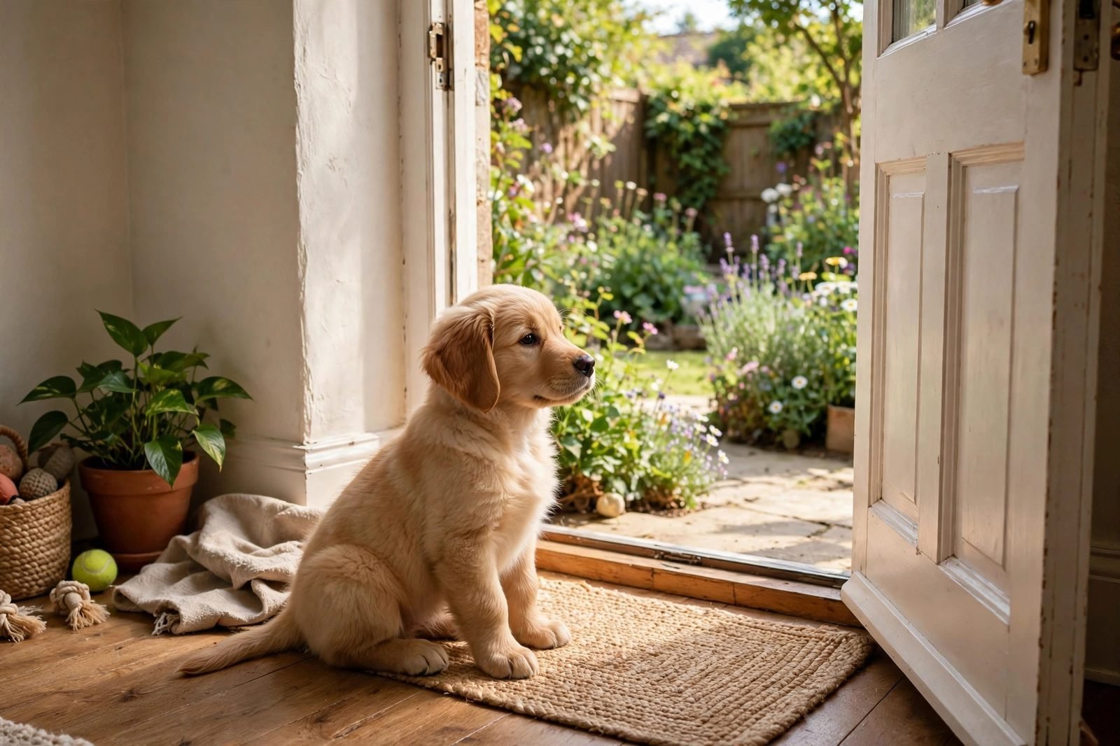 Golden retriever puppy sitting by an open back door looking out at a sunny garden