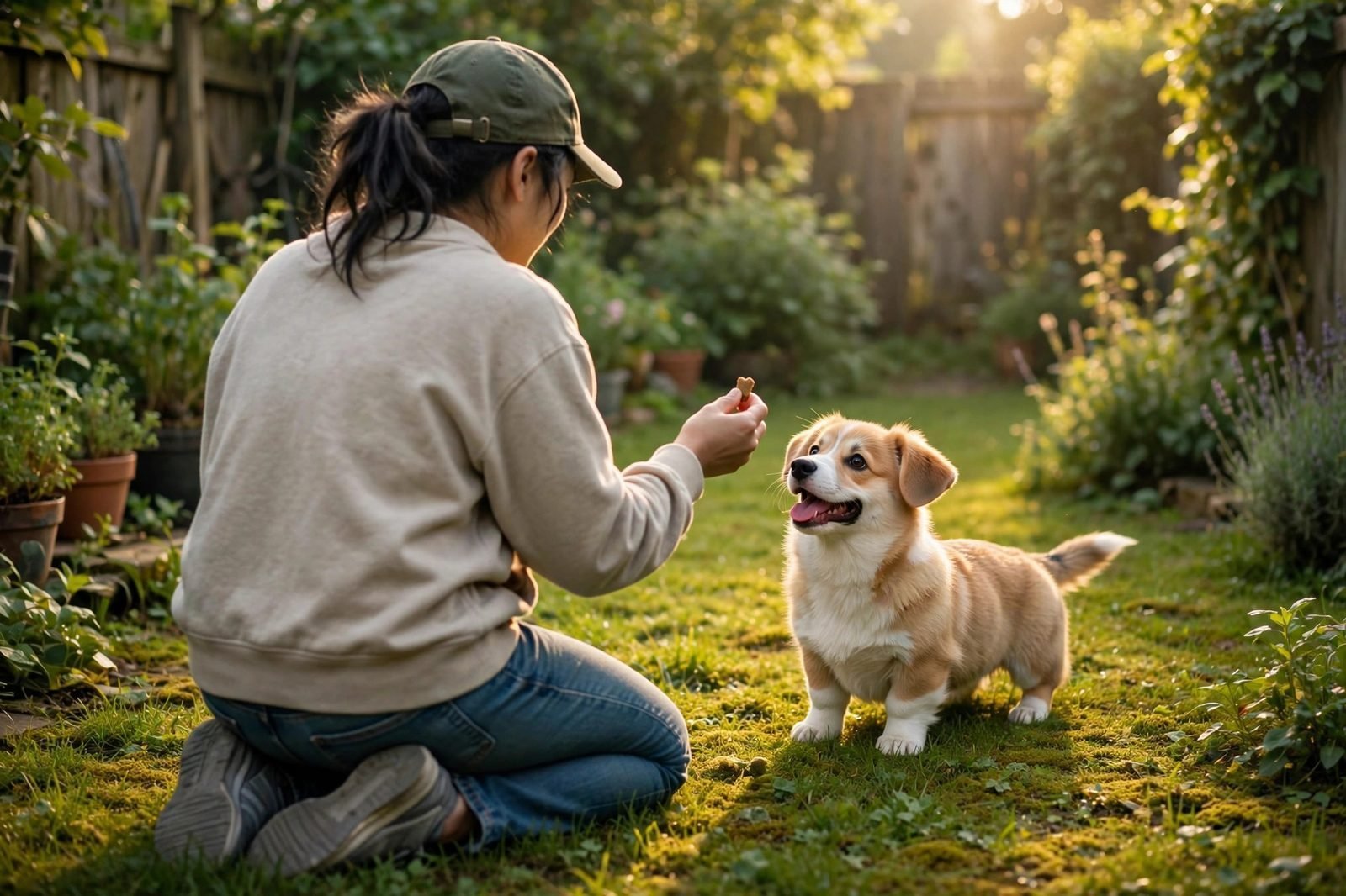 Person kneeling in a backyard praising a happy corgi puppy with a treat