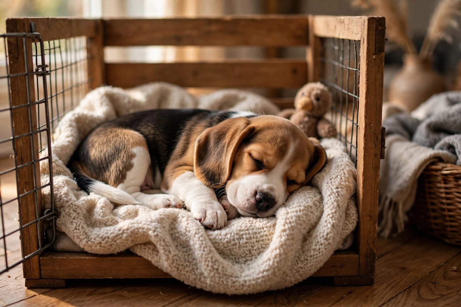 Beagle puppy sleeping peacefully in a cozy crate with a soft blanket
