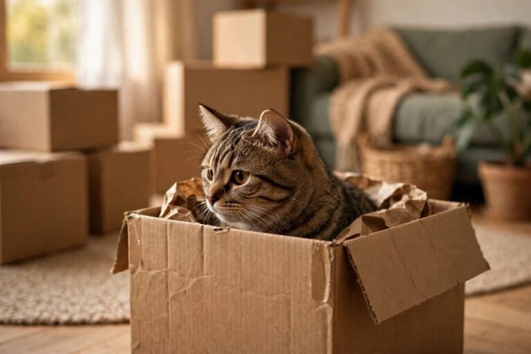 Shy tabby cat peeking out of a cardboard box in a living room