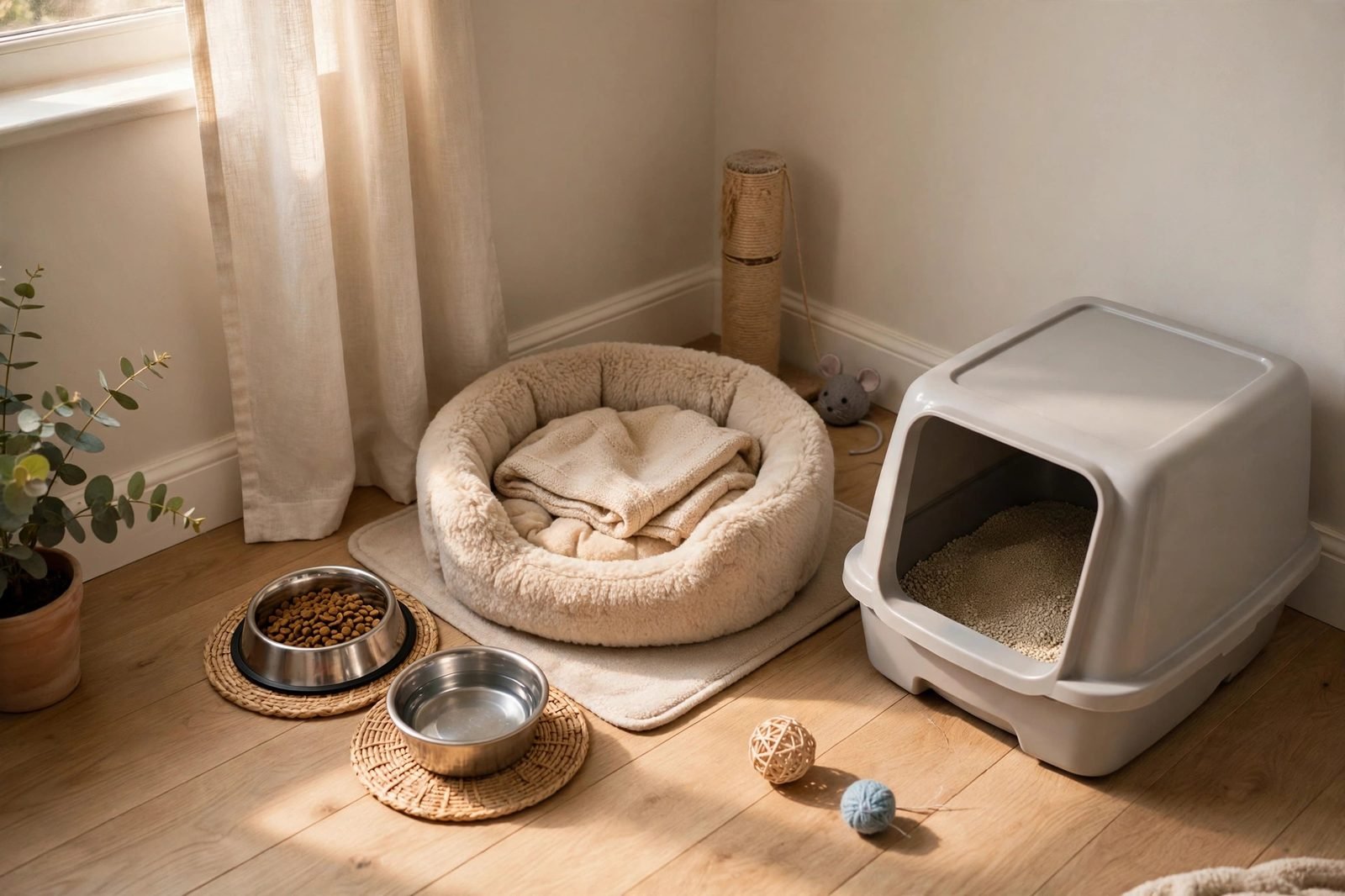 Safe room setup for a new cat with bed, bowls, and litter box