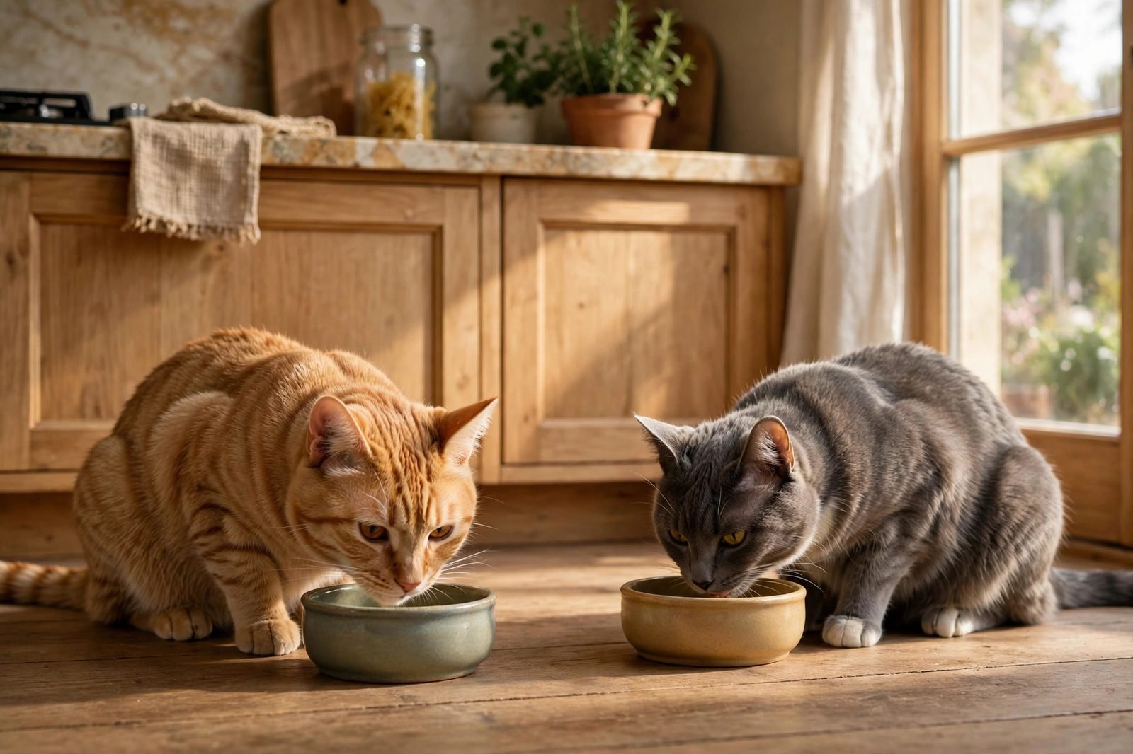 Two cats eating calmly from separate bowls in a kitchen
