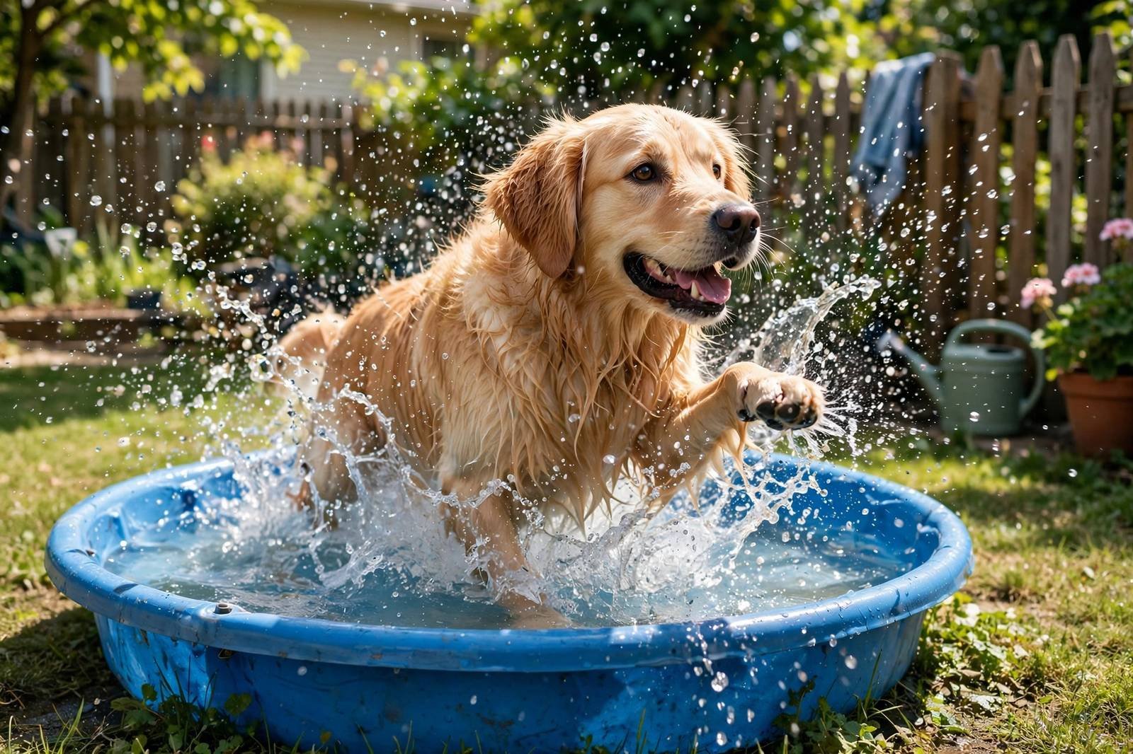 A golden retriever splashing in a shallow kiddie pool in a sunny backyard with water droplets frozen mid-air