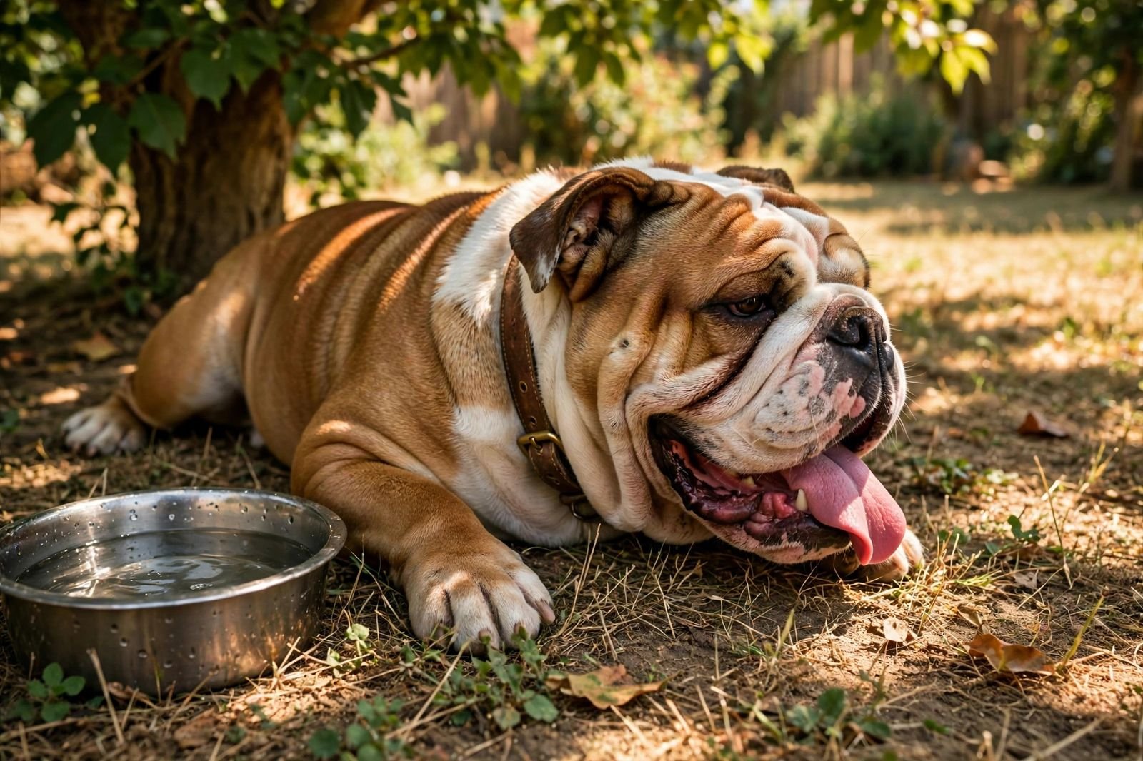 A panting bulldog resting in the shade of a tree on a hot day with a water bowl nearby