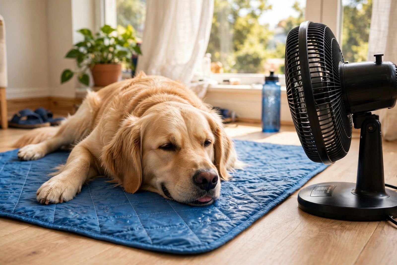 A dog lying relaxed on a blue cooling mat indoors next to a fan on a hot summer afternoon