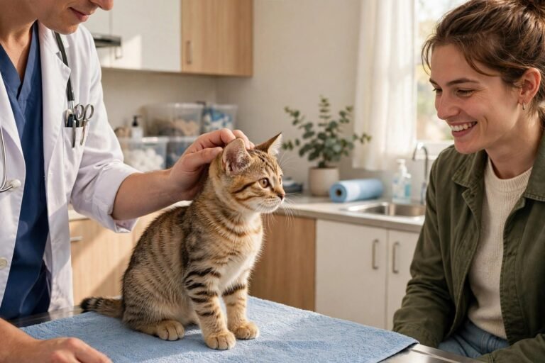 Small tabby kitten sitting calmly on a vet exam table while the veterinarian pets it