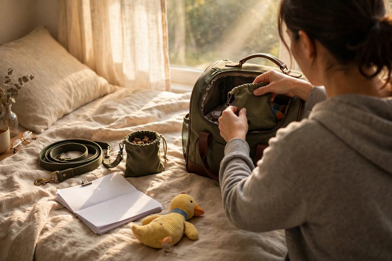 Dog owner's vet visit bag packed on a bed with leash, treats, papers and a toy