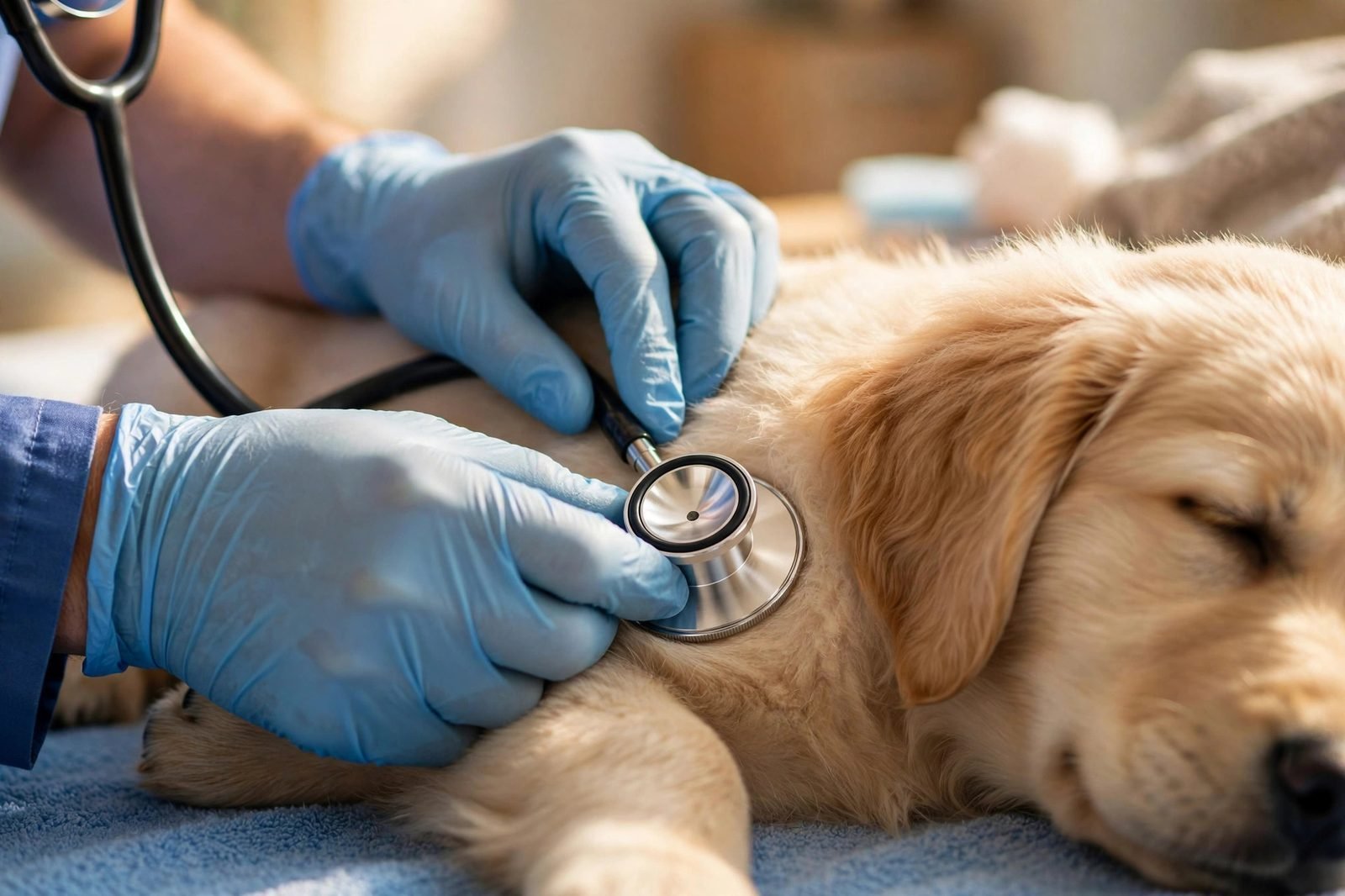 Veterinarian listening to a young golden retriever's heartbeat with a stethoscope
