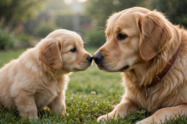 An eight-week-old golden retriever puppy greeting a friendly adult dog nose to nose on a grassy lawn in soft morning light