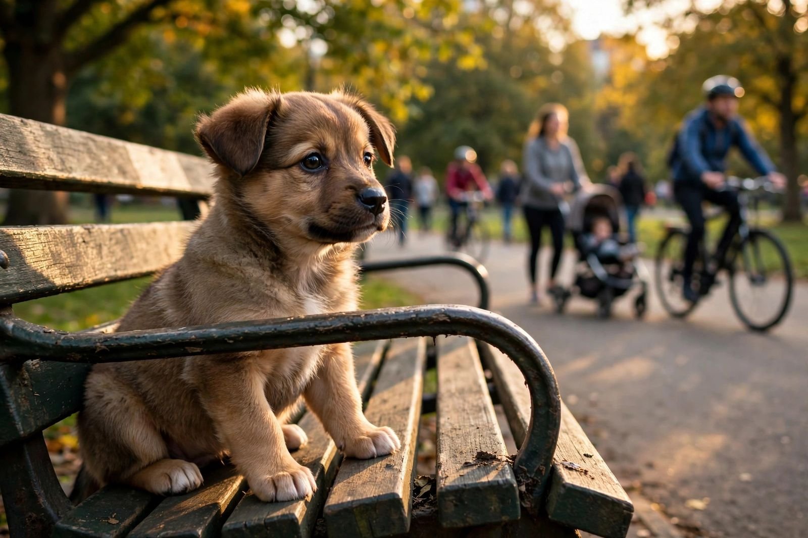 A small puppy sitting on a park bench curiously watching people and bicycles pass by in late afternoon sunlight