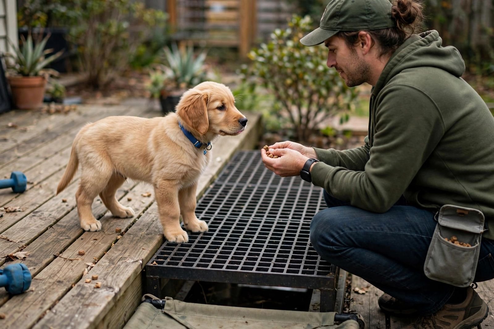 A puppy standing on different textured surfaces like a wooden deck and metal grate while the owner crouches nearby with treats during a training session