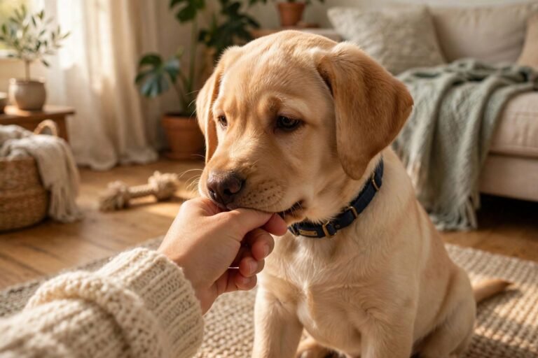 Labrador puppy gently mouthing a person's hand during play in a sunny living room