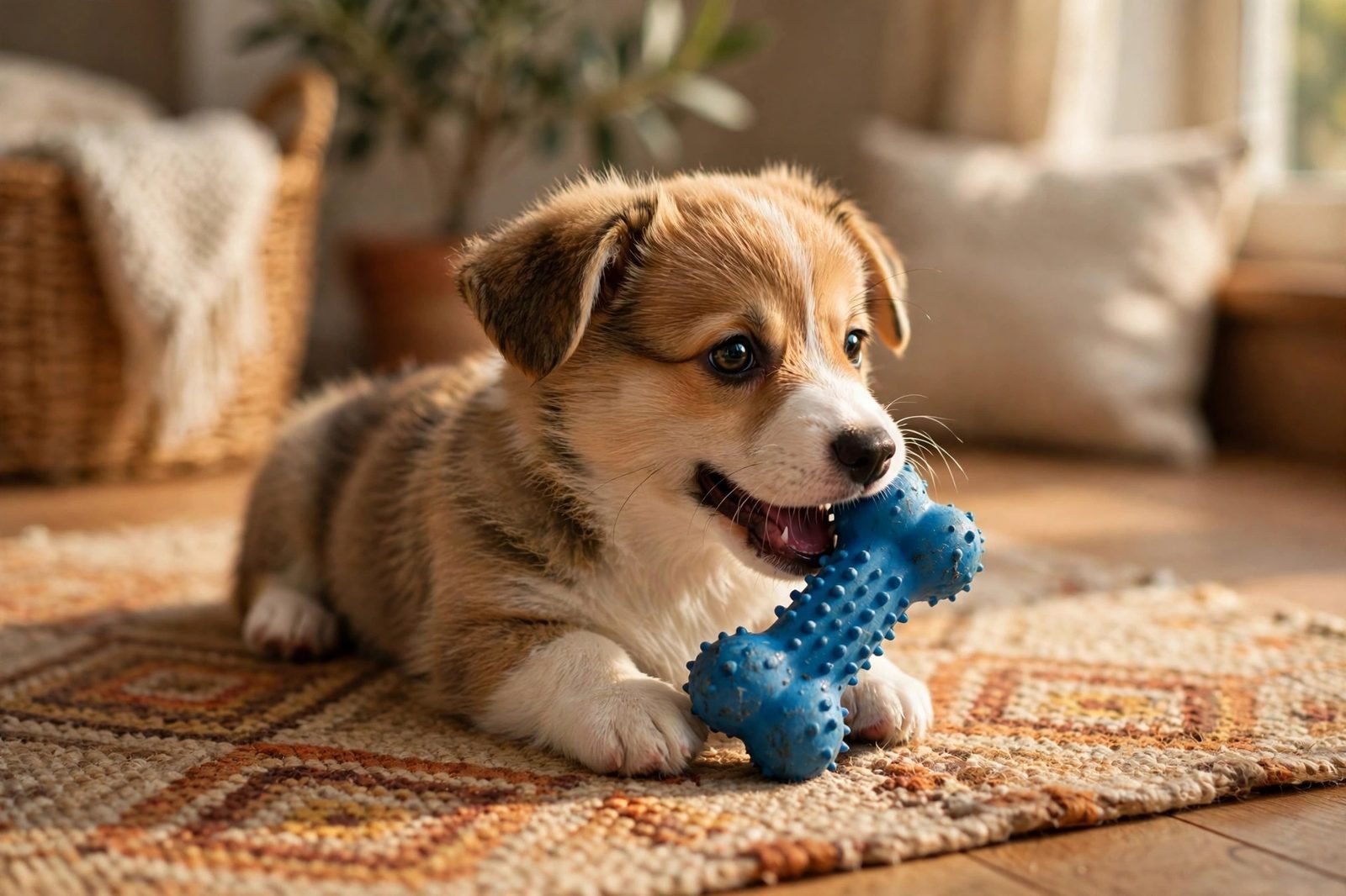 Corgi puppy chewing happily on a rubber chew toy on a rug