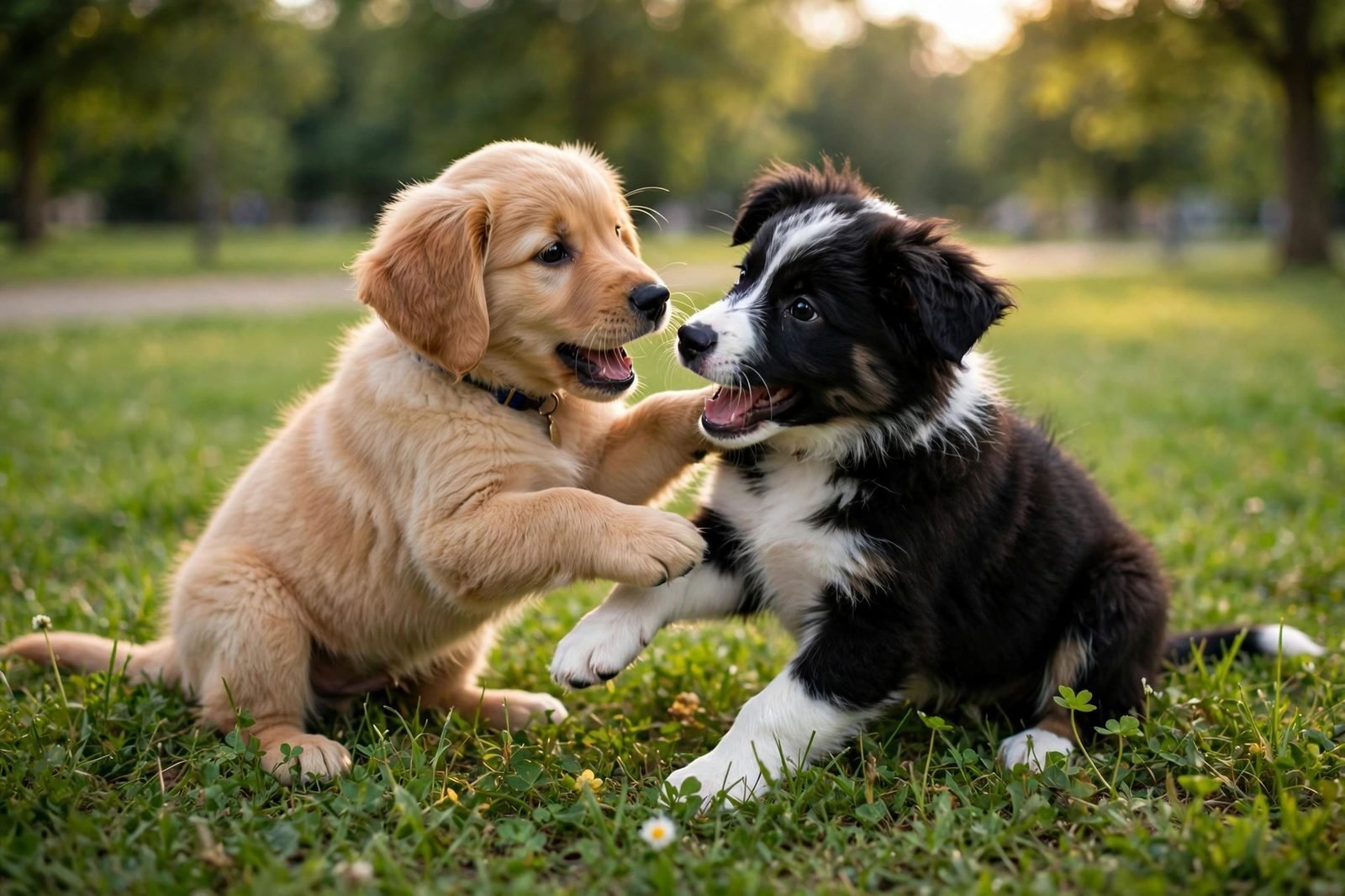 Two puppies play-fighting gently in green grass at a park