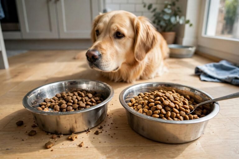 Two dog food bowls side by side on a kitchen floor, old kibble and new kibble being mixed, with a golden retriever watching.
