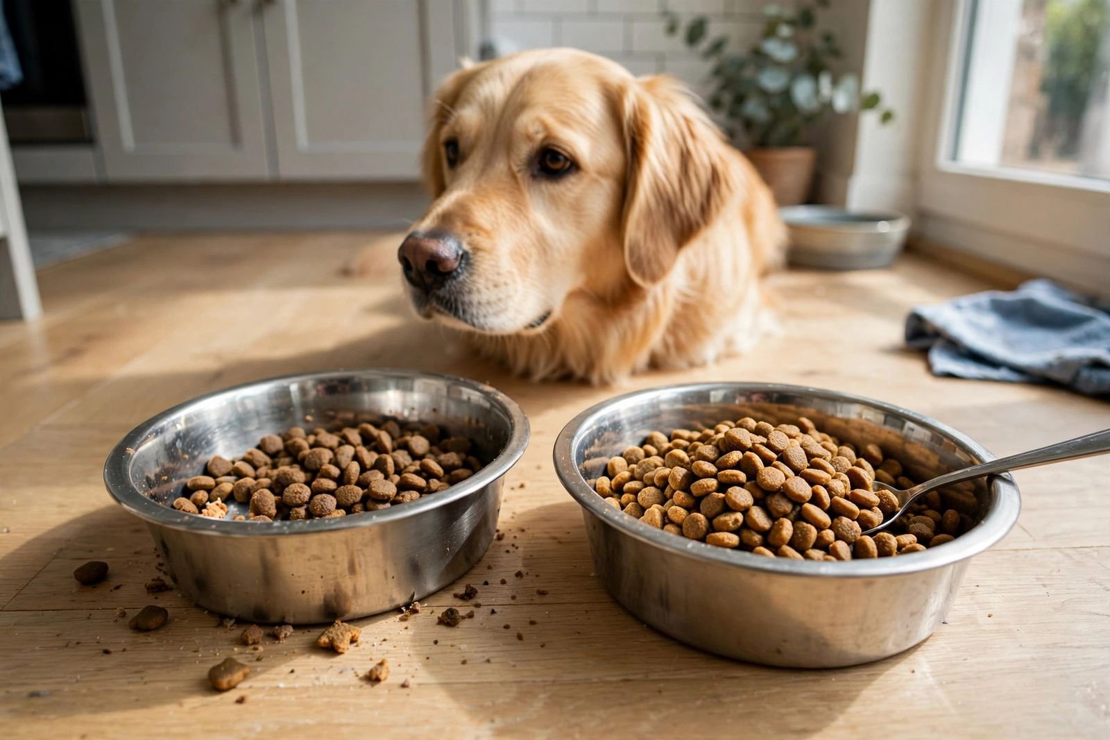 Two dog food bowls side by side on a kitchen floor, old kibble and new kibble being mixed, with a golden retriever watching.