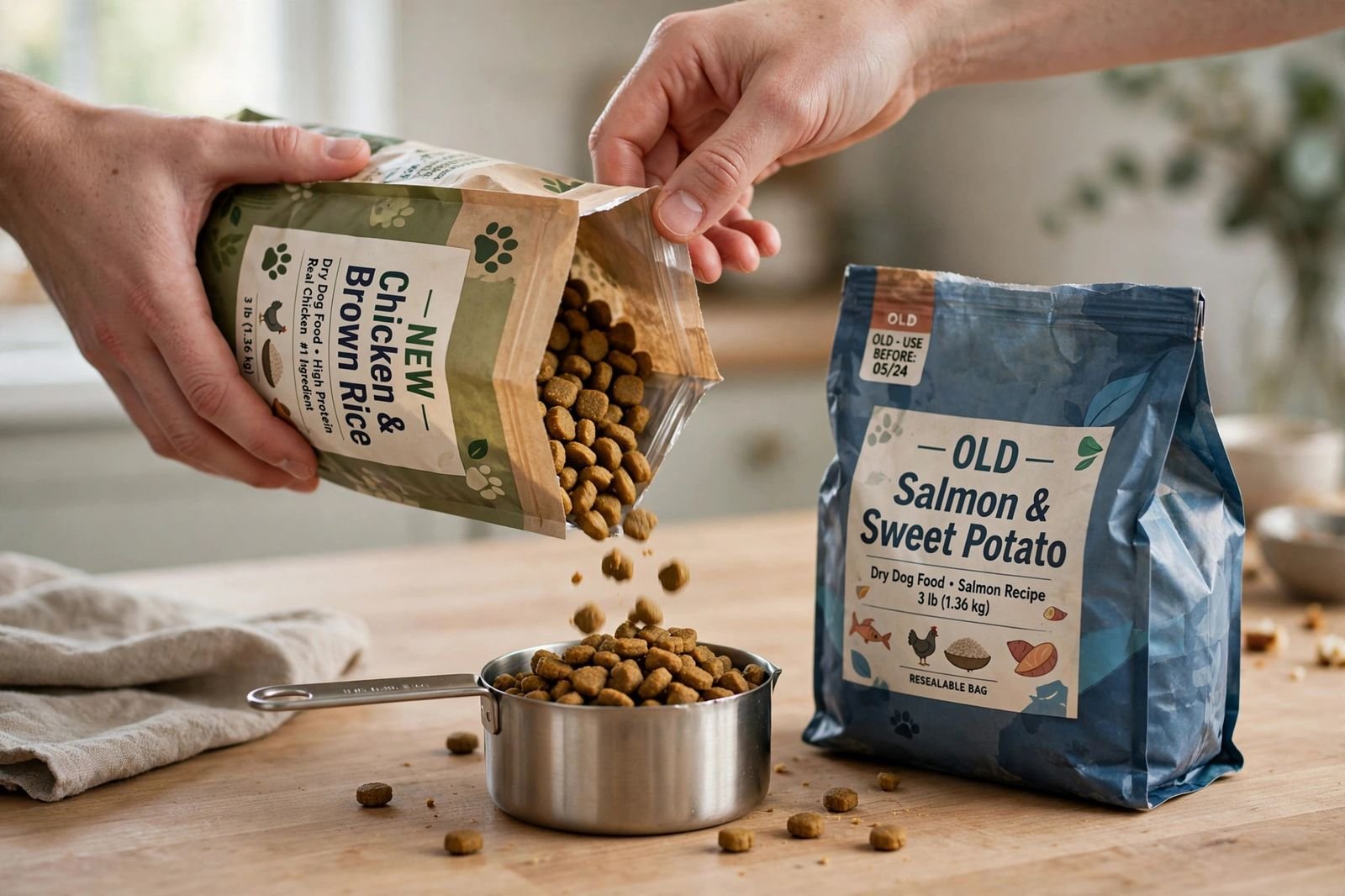 Hands pouring new dry dog food from a bag into a measuring cup next to the old food bag on a kitchen counter.