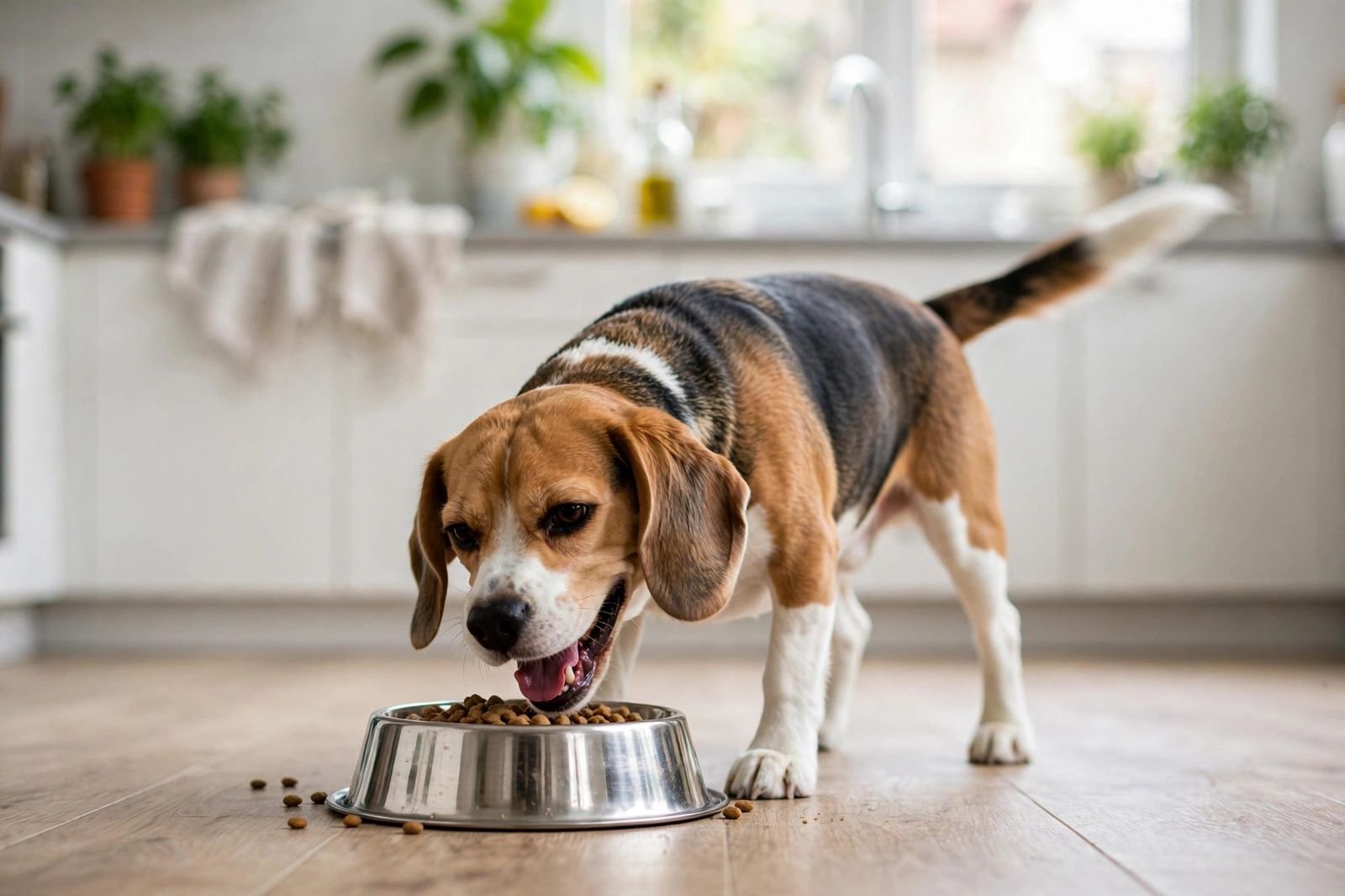 Happy beagle eating from a food bowl in a bright kitchen, tail wagging.