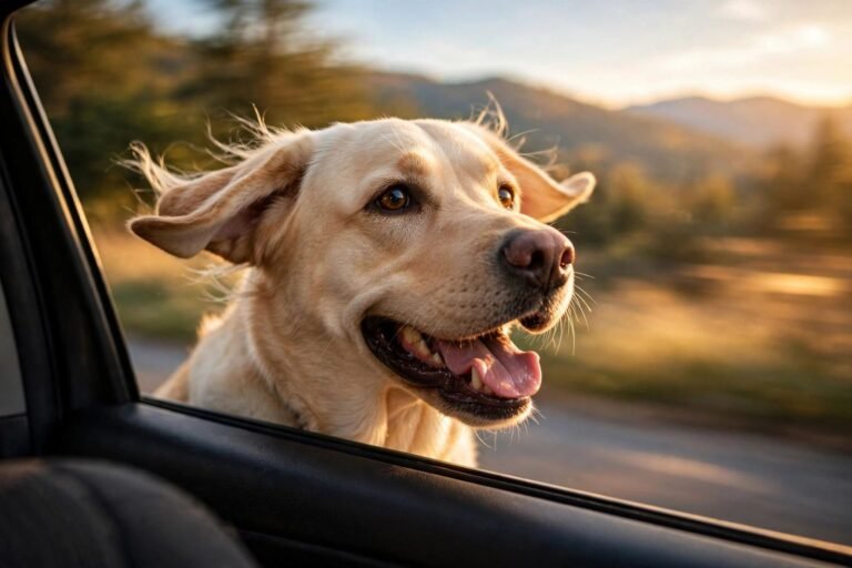 A happy labrador enjoying a scenic road trip with its head out of a car window at golden hour