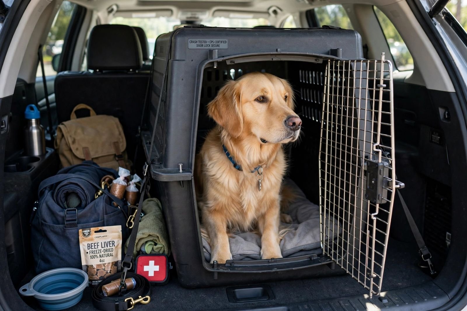 A dog sitting calmly inside a crash-tested car crate in the back of an SUV packed with travel gear