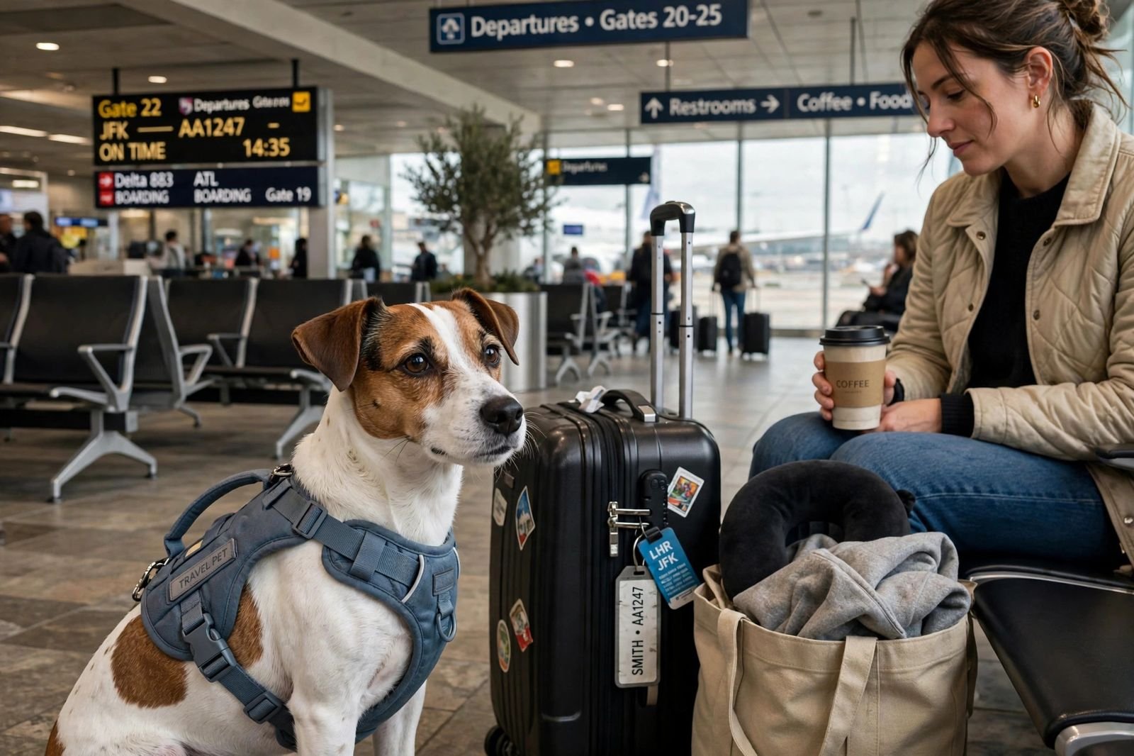 A small dog wearing a travel harness sitting in an airport terminal beside luggage with its owner nearby