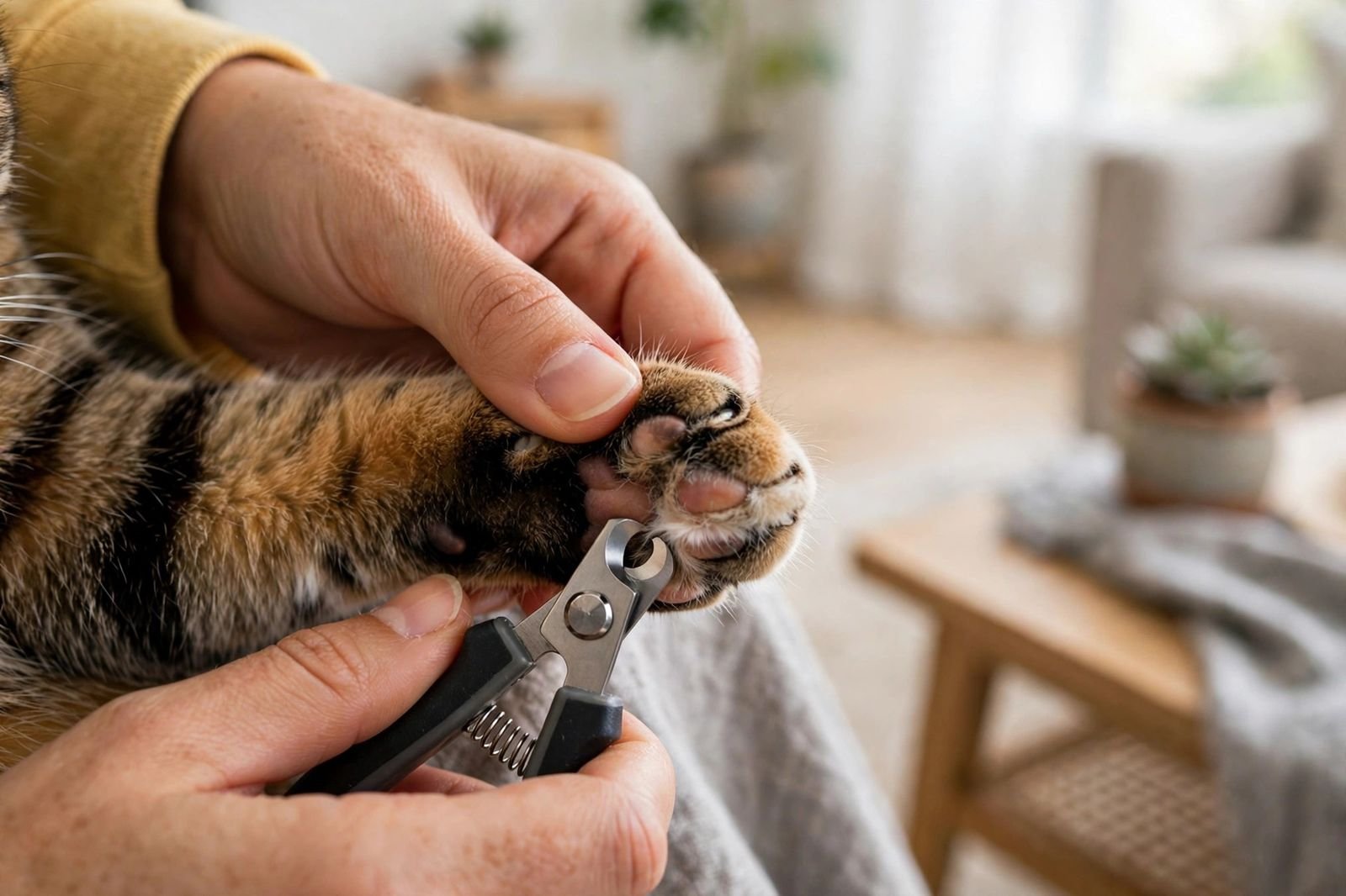 Person gently trimming a calm tabby cat's nail with small pet clippers in a bright living room, close-up on the paws.