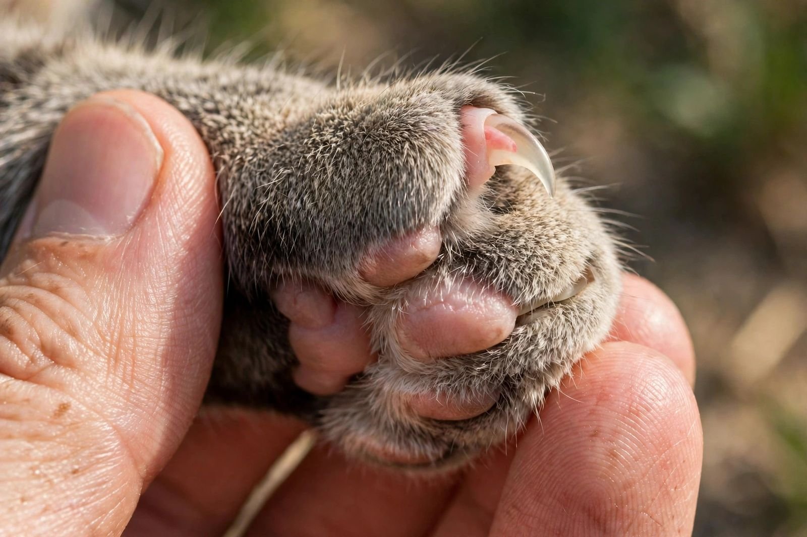Macro close-up of a cat's paw held gently with the claw extended and the pink quick visible in good light.