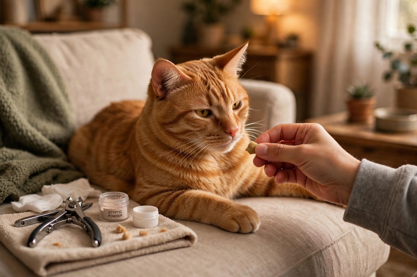 Relaxed orange cat receiving a treat reward after a nail trim session on a sofa in warm indoor light.