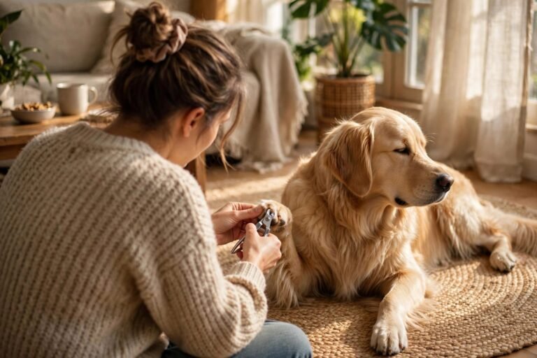 Person gently trimming a calm golden retriever's nails on a living room rug