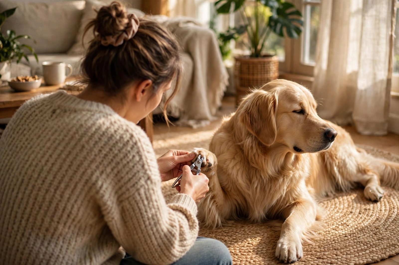 Person gently trimming a calm golden retriever's nails on a living room rug