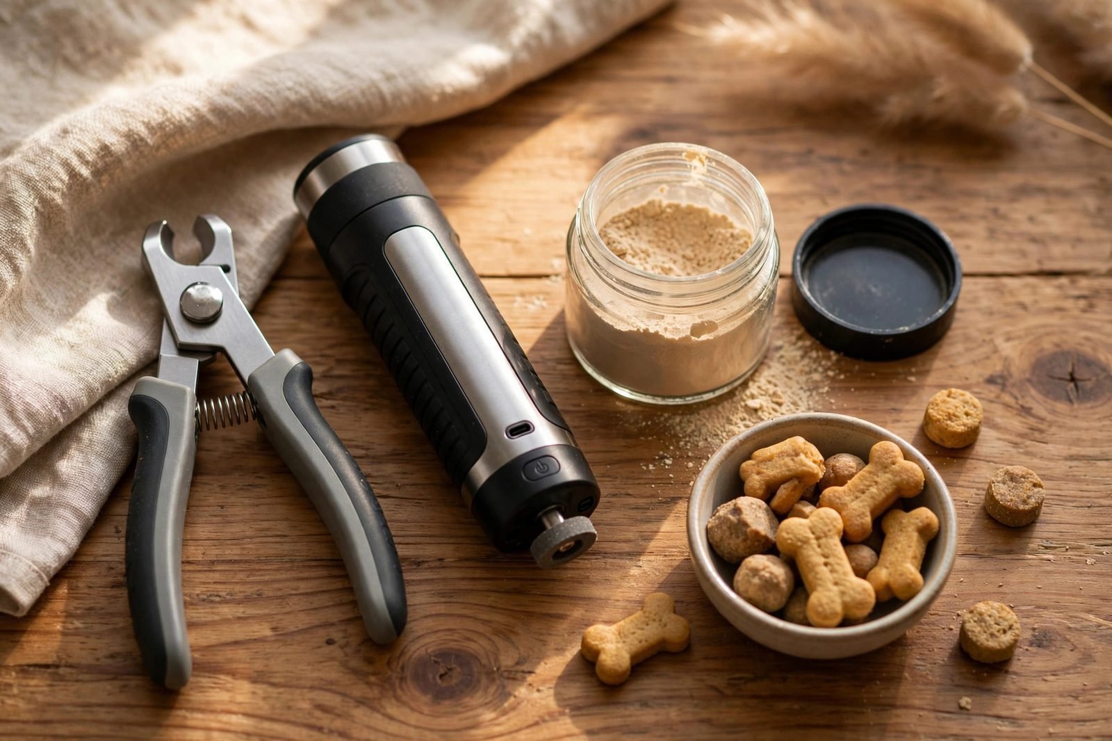 Dog nail trimming tools: clippers, grinder, styptic powder and treats on a table
