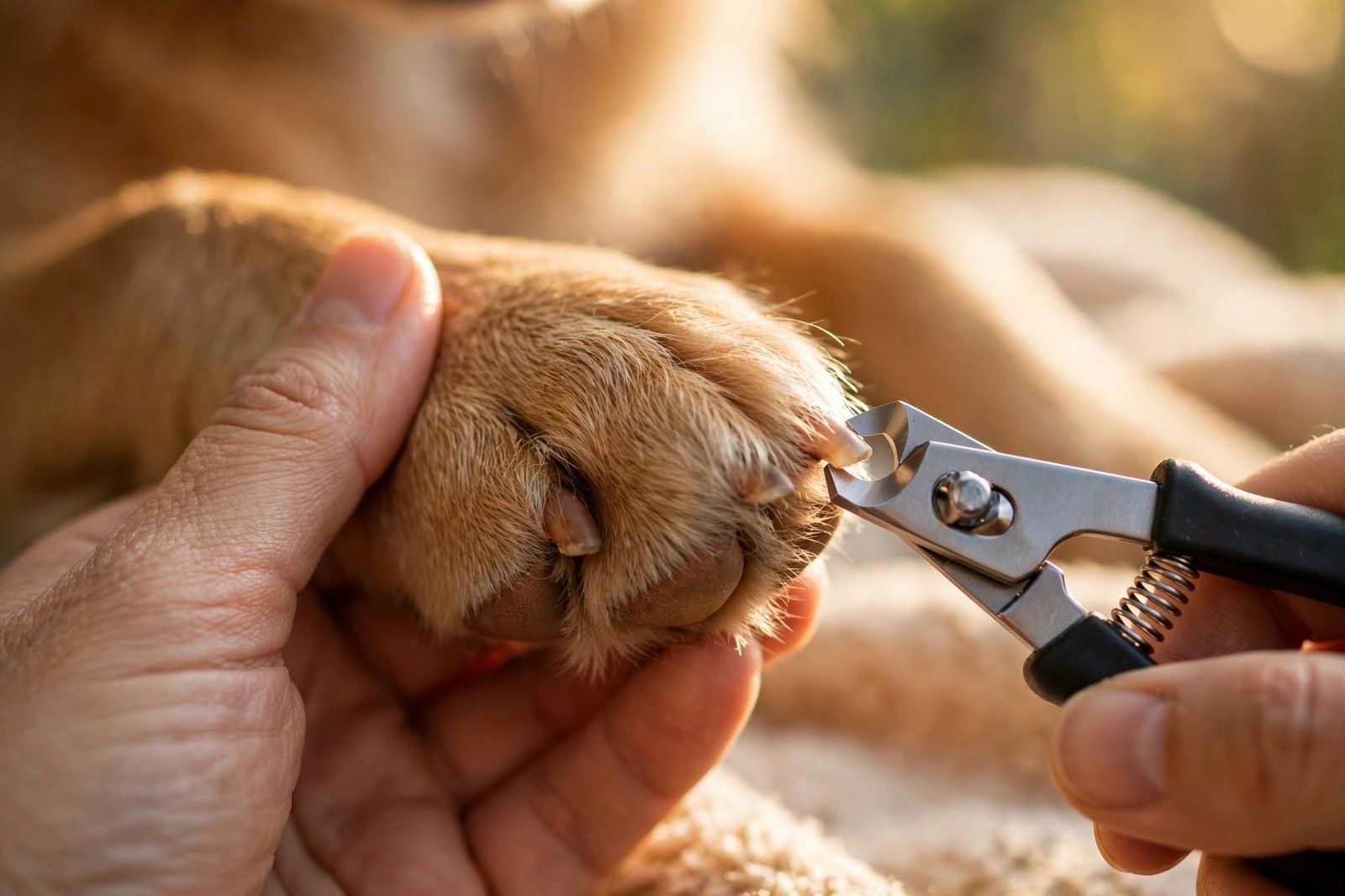 Close-up of a dog's paw held gently with nail clippers at the nail tip